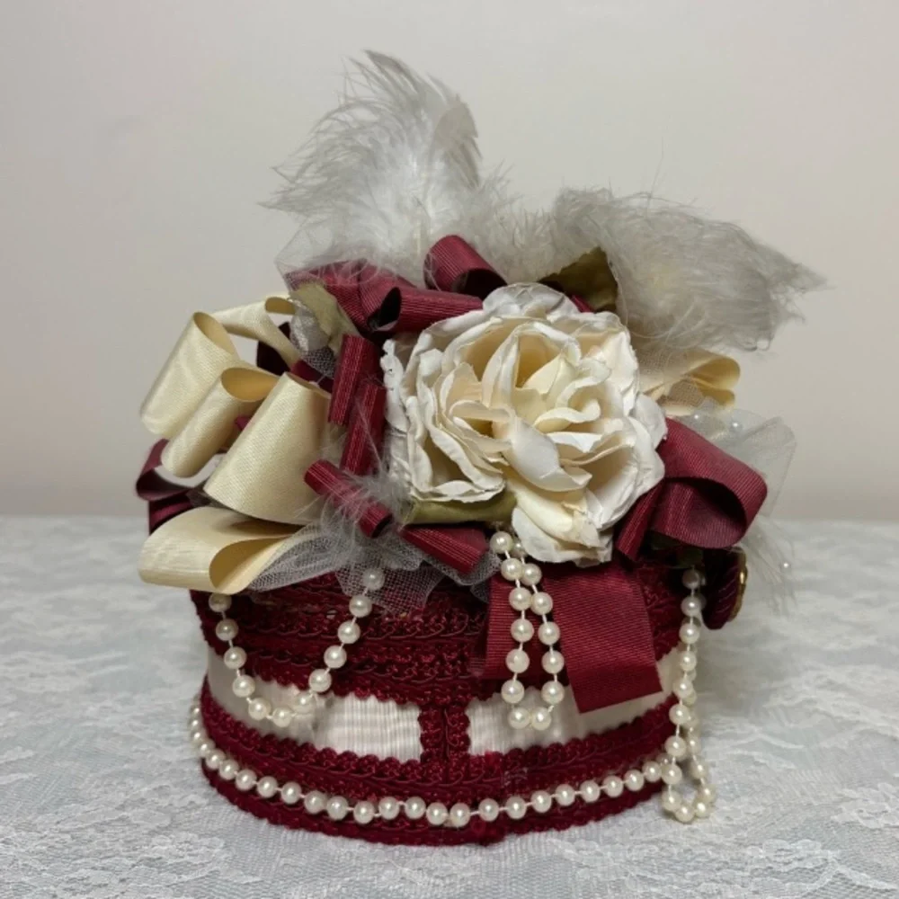 Victorian Lovers Box Handcrafted Woven Wicker Trinket Box Silk Satin Lace Pearls
